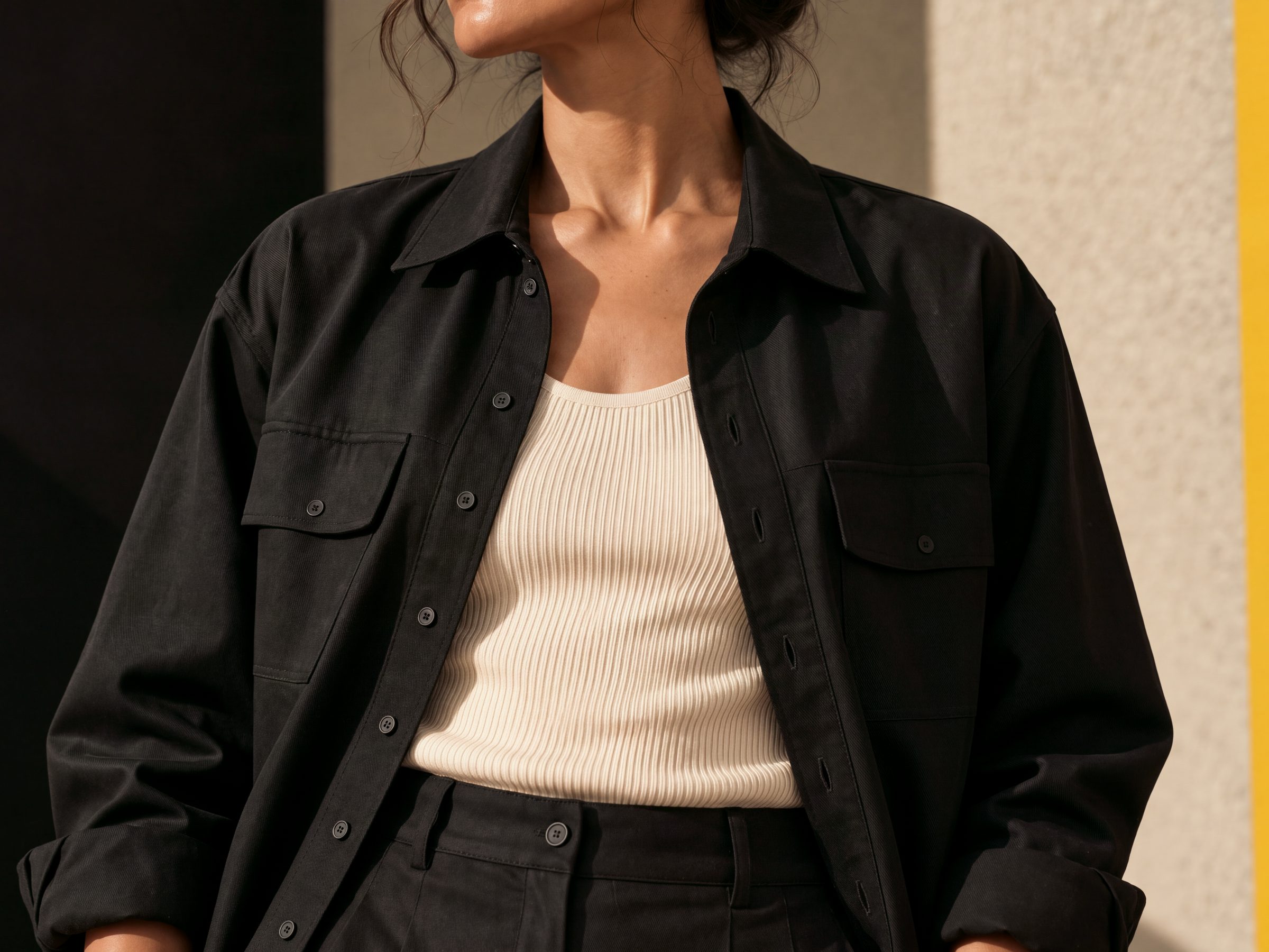 Close-up of the overshirt fabric and chest pockets