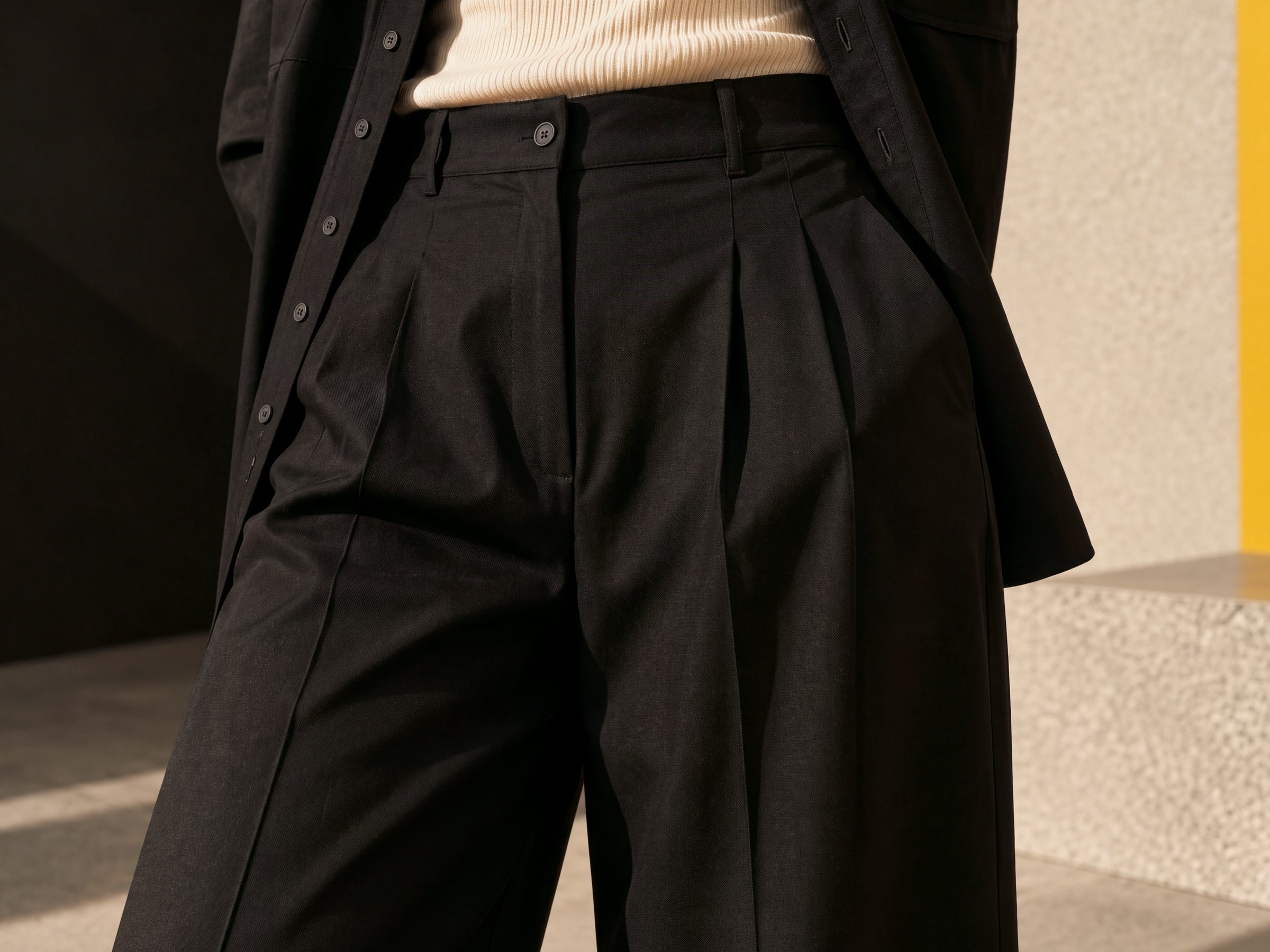 Close-up of the trouser waistband and pleats